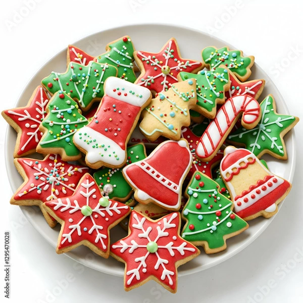 Fototapeta A plate of festive Christmas cookies in various shapes, including stars, trees, and bells, each decorated with colorful icing and sprinkles. The cookies contrast with the white background