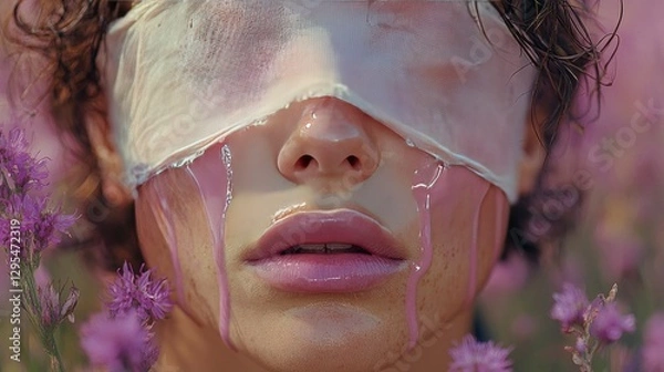 Fototapeta Surreal Portrait of a Person with a Blindfold and Dripping Pink Substance Amidst Lavender Flowers
