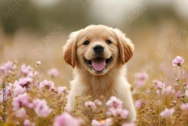 Fototapeta Golden retriever puppy smiling in a field of flowers
