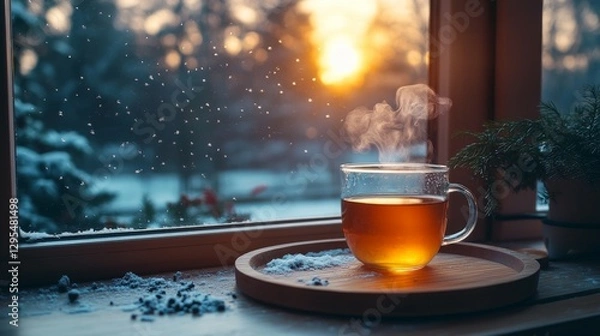 Obraz Warm Winter Tea by the Window at Sunset