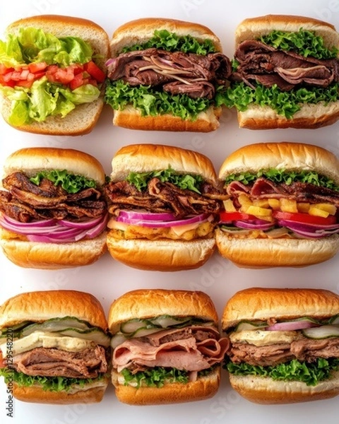 Fototapeta Delicious assortment of gourmet sandwiches on a pristine white background showcasing appetizing ingredients and vibrant colors in a top down view