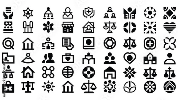 Fototapeta Social Policy Line Icon Set – 54 Outline Icons Representing Education, Reform, Public Services, Welfare, Healthcare, Legislation, and Society.