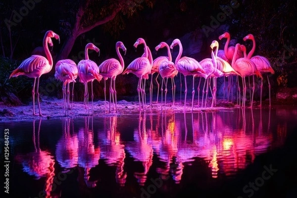 Fototapeta Pink flamingos standing in water at night with colorful reflections