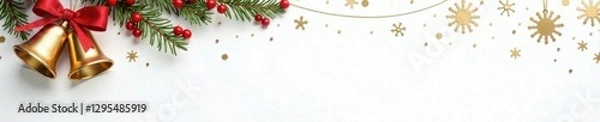 Fototapeta Hanging Christmas elements such as bells, berries, and snowflakes in metallic gold hue against a stark white background , snowflakes, decorations, elements