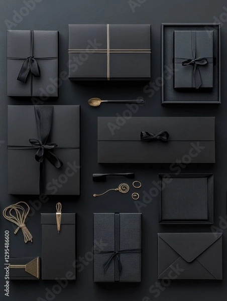 Fototapeta Elegant arrangement of black gift boxes with gold accents for luxury brand presentation and stylish celebration