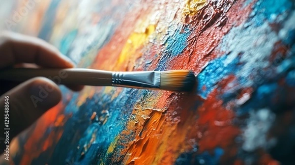 Fototapeta Closeup of an artists hand holding a brush, painting vibrant abstract art on a colorful canvas, capturing the creative process in progress
