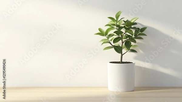 Fototapeta Potted green plant sits on a light wooden surface