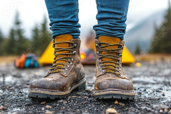 Fototapeta A pair of rugged hiking boots stands on rocky terrain, with a tent and a campfire in the background, showcasing a perfect outdoor adventure scene.