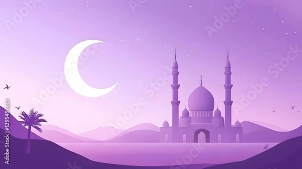 Fototapeta A mosque with a crescent moon and a night sky
