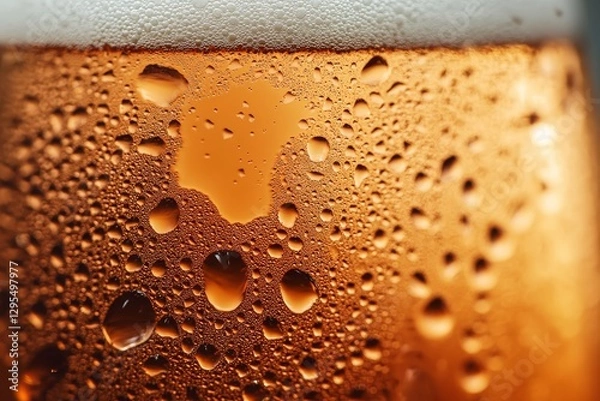 Fototapeta Close up of condensation on ice cold beer showcasing rich color and intricate droplets