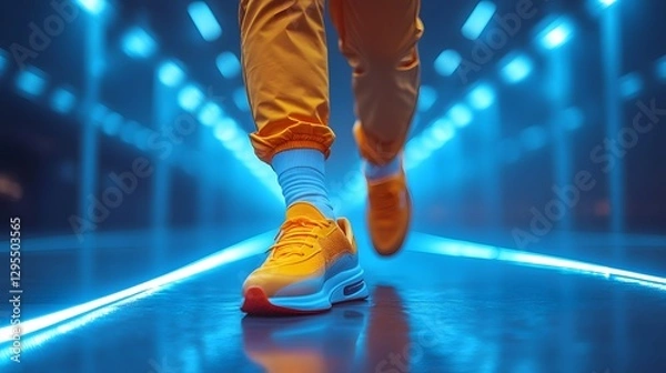 Fototapeta Yellow Tracksuit Person Walks Forward In A Blue Glowing Corridor