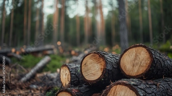 Fototapeta Peaceful forest scene showcasing freshly cut logs resting amid tall trees and lush greenery : Generative AI