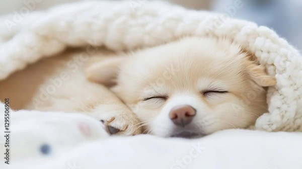 Obraz Cozy Sleeping Puppy Wrapped in Soft Blanket with Peaceful Expression : Generative AI