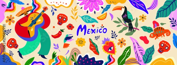 Fototapeta Beautiful vector banner with design for Mexican holiday. Vector template with traditional Mexican symbols.