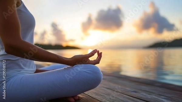 Fototapeta Serene Yoga Meditation at Sunset Over Calm Waters Bringing Peace and Tranquility to Mind and Soul : Generative AI