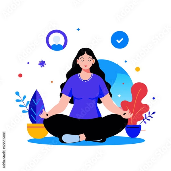 Obraz Relaxed female professional meditating in a modern setting. Woman in a comfortable pose, at home or in a office with various plants and colors.