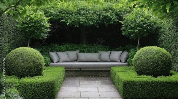 Fototapeta A tranquil backyard nook with a seating space subtly enclosed by greenery.