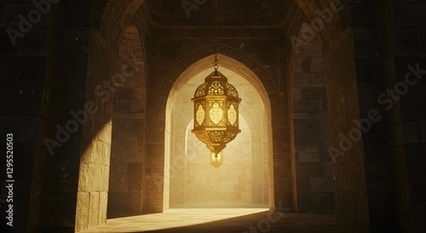 Fototapeta Ramadan Kareem Background. A golden lantern with elaborate arabesque patterns, hanging between the arches of an ancient mosque, casting artistic shadows on the walls