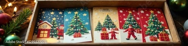 Fototapeta Set of Christmas greeting cards and festive Xmas decorations in a storage box , greetingcards, festive, winter