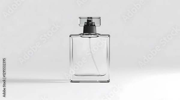 Fototapeta A blank glass perfume bottle mockup, transparent glass, no label, no text, minimalistic design, soft studio lighting, clean white background