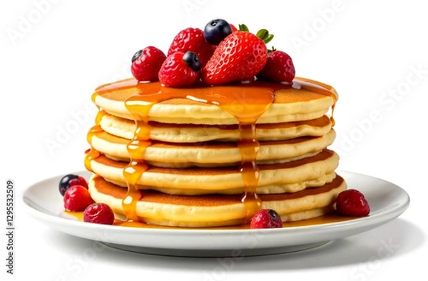 Fototapeta Stack of pancakes with fresh berries and maple syrup isolated on white background