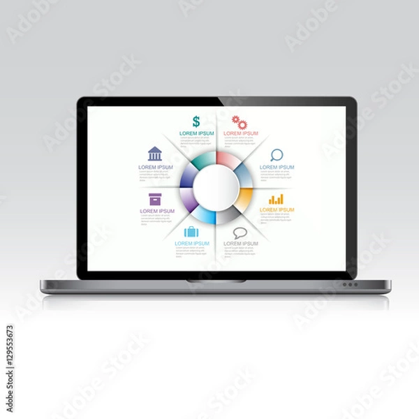 Fototapeta Computer laptop with infographic on screen,3d and flat vector de