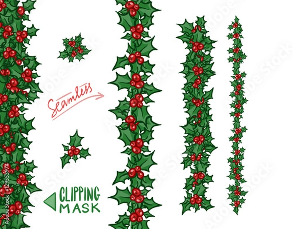 Fototapeta Holly borders and garlands. Vector hand drawn design elements, set for Christmas and New Year greeting card or banner. Holly with berry, isolated on white