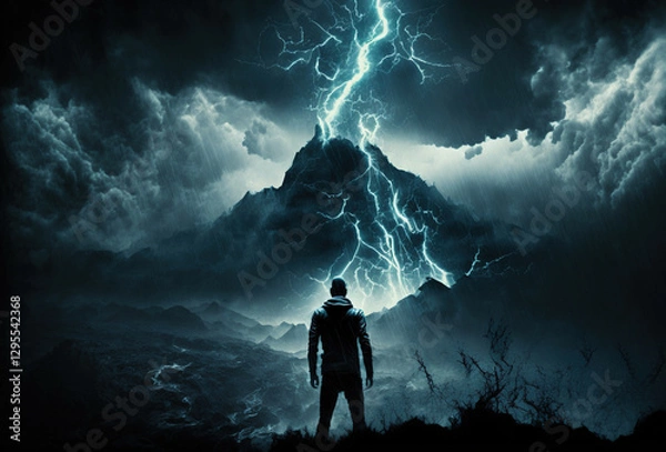 Fototapeta A man stands with his back to the high mountains and a stormy night sky. Bright flashes of lightning illuminate the man's silhouette. The concept of courage, of struggle