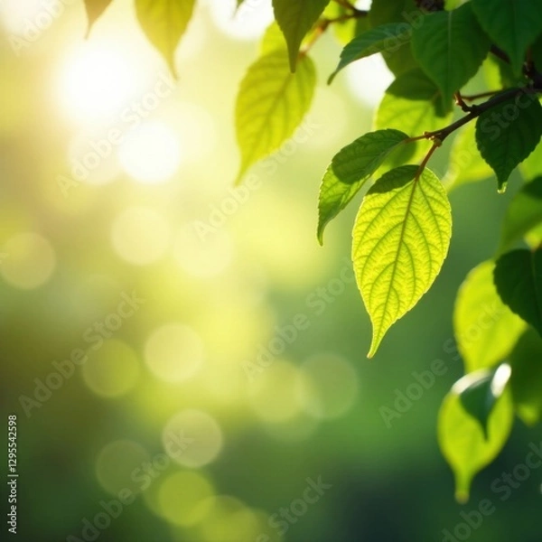 Fototapeta Soft morning light filters through leafy branches, nature, foliage, serene