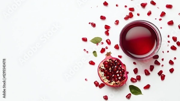 Fototapeta top view of pomegranate fruit and juice on a white background