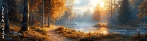 Fototapeta Forest path winding through towering trees at spring equinox. Generative ai ilustration