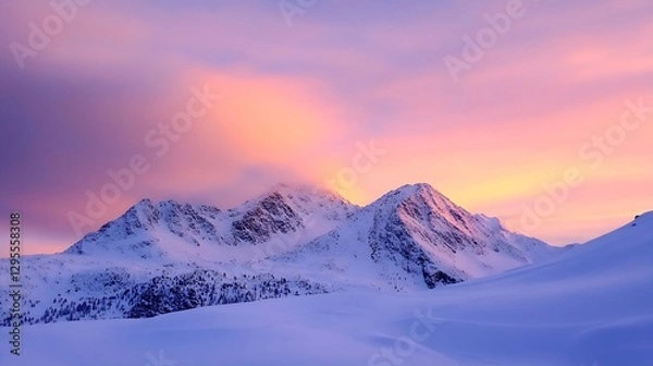 Obraz Stunning Snowy Mountain Range at Sunrise with Soft Colorful Skies : Generative AI