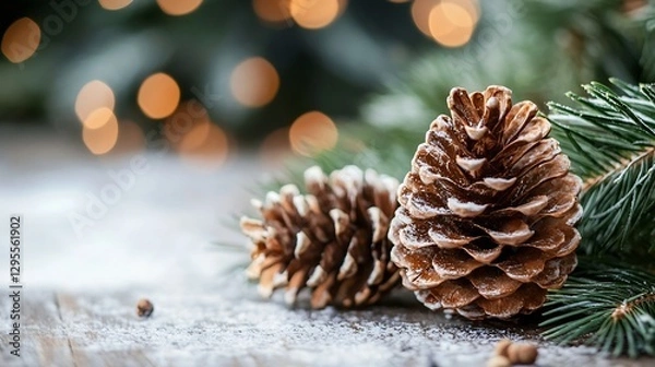 Obraz Festive arrangement of pine cones with snow and light bokeh creating a warm holiday atmosphere : Generative AI