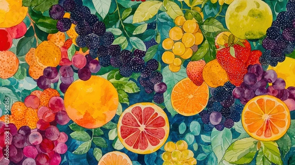 Fototapeta Lush watercolor imagery of vibrant fruits including oranges, grapes, and berries, creating joyful and colorful composition