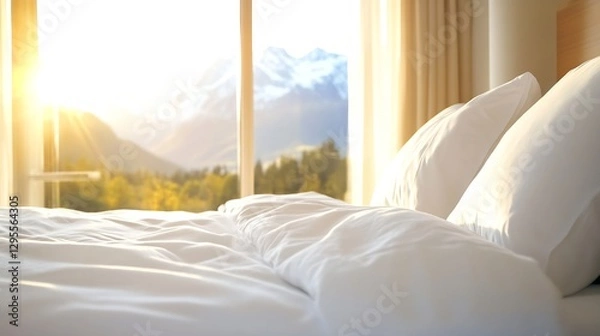 Fototapeta Cozy bed with fluffy pillows and stunning mountain view at sunrise : Generative AI