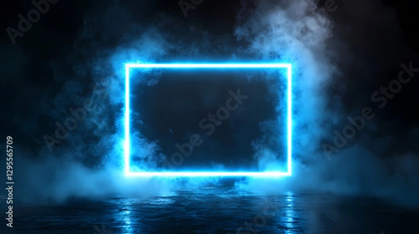 Fototapeta Neon Blue Light Frame in Smoke with Reflections