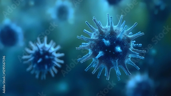 Obraz Blue and Green Virus Particles Under Microscope
