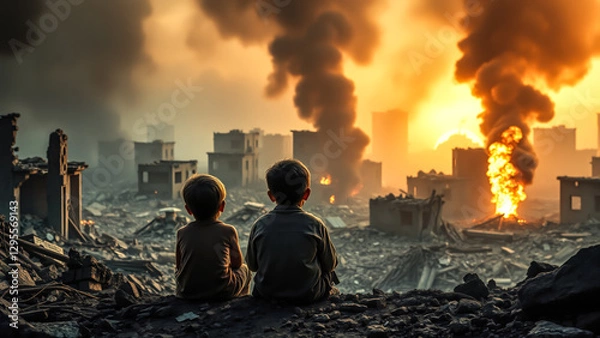 Fototapeta Child sit and gaze at war-torn buildings with deep sorrow. The concept of war devastation, loss, and the impact of conflict on innocent lives. Generative AI.