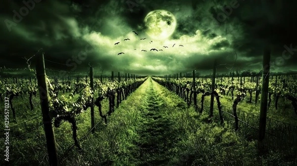 Obraz Vineyard Path Under a Full Moon and Ominous Clouds
