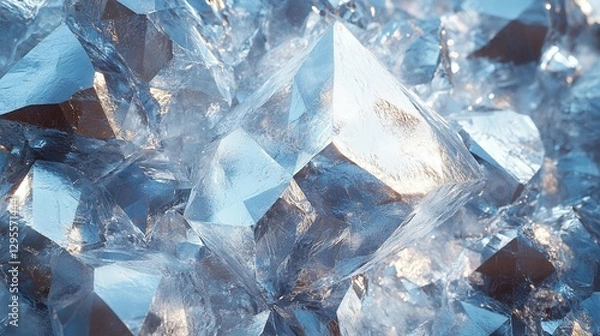 Fototapeta Close-up of lustrous,faceted,blue crystals.  Glistening, sharp edges and reflective surfaces. Light illuminates facets.