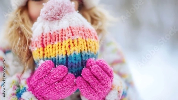 Obraz Child Holding Colorful Knit Hat in Wintery Scene with Snow Behind : Generative AI