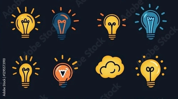 Obraz Collection of eight lightbulb icons and a cloud, symbolizing ideas and innovation.