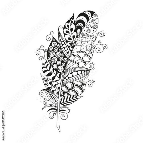 Obraz Hand drawn zentangle feather on white background