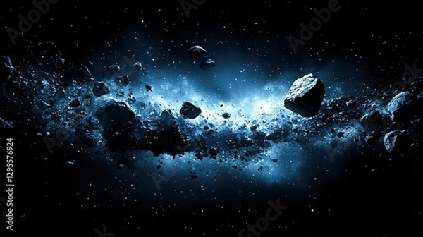 Fototapeta Cosmic debris field, asteroid collision, deep space, nebula glow