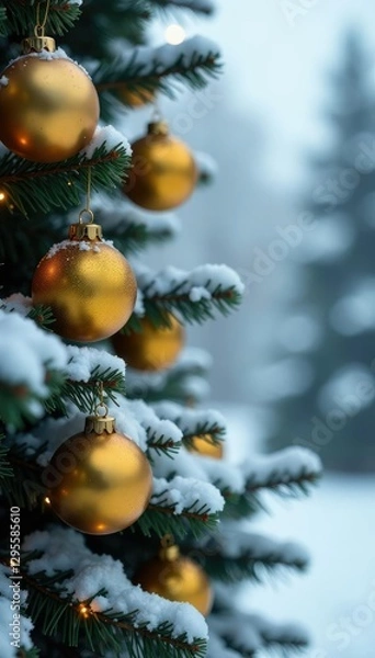 Obraz Snowy tree branch with golden ornaments and pinecones, festive, Christmas, winter