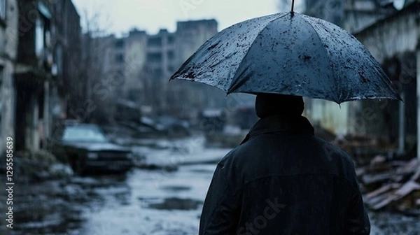 Fototapeta Person standing in the rain holding a black umbrella in a desolate urban landscape : Generative AI
