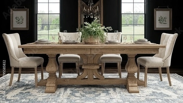 Fototapeta Rustic dining table set in a dark room