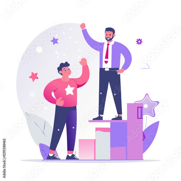 Obraz Two young men celebrating achievement on a tiered platform. Men raising hands in victory pose atop a business success graphic display.