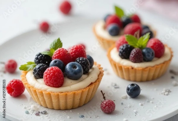 Fototapeta A plate of mini fruit cream cheese pies with raspberries, blueberries, and blackberries on top