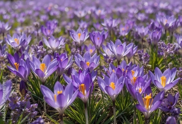 Fototapeta A close-up of purple and yellow crocus flowers in a field